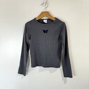 Zara Shirt Girls Size 11-12 Long Sleeve Gray Ribbed Butterfly Cutout Stretch